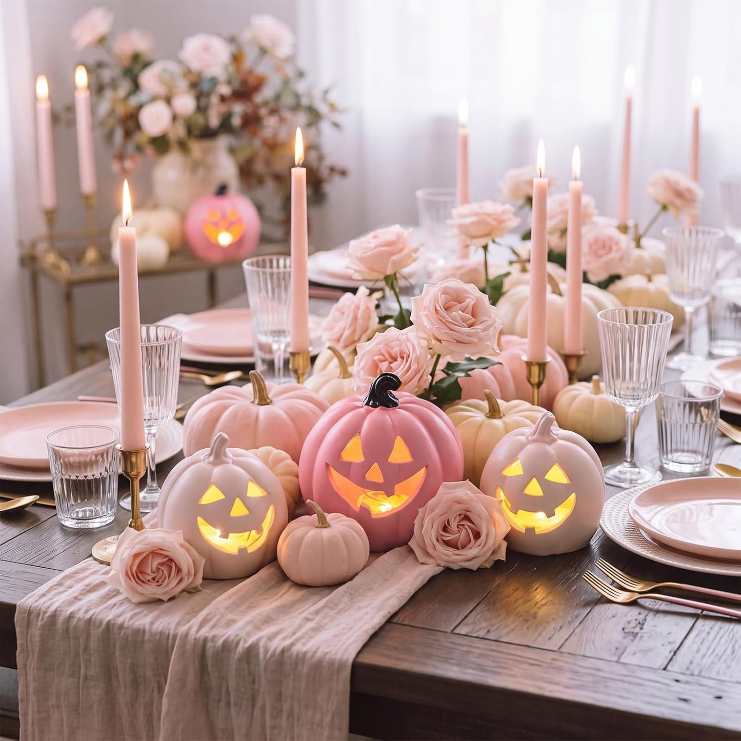 3 Pcs Pink Light up Halloween Pumpkin Decor, Flocked Resin