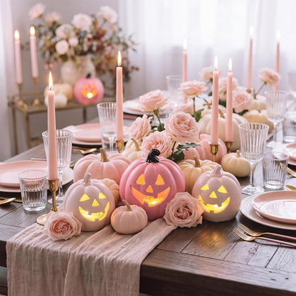 3 Pcs Pink Light up Halloween Pumpkin Decor, Flocked Resin