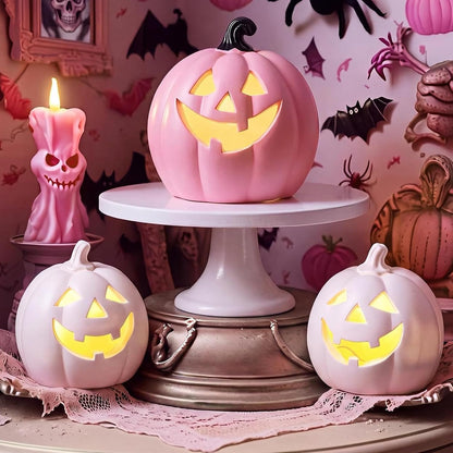 3 Pcs Pink Light up Halloween Pumpkin Decor, Flocked Resin