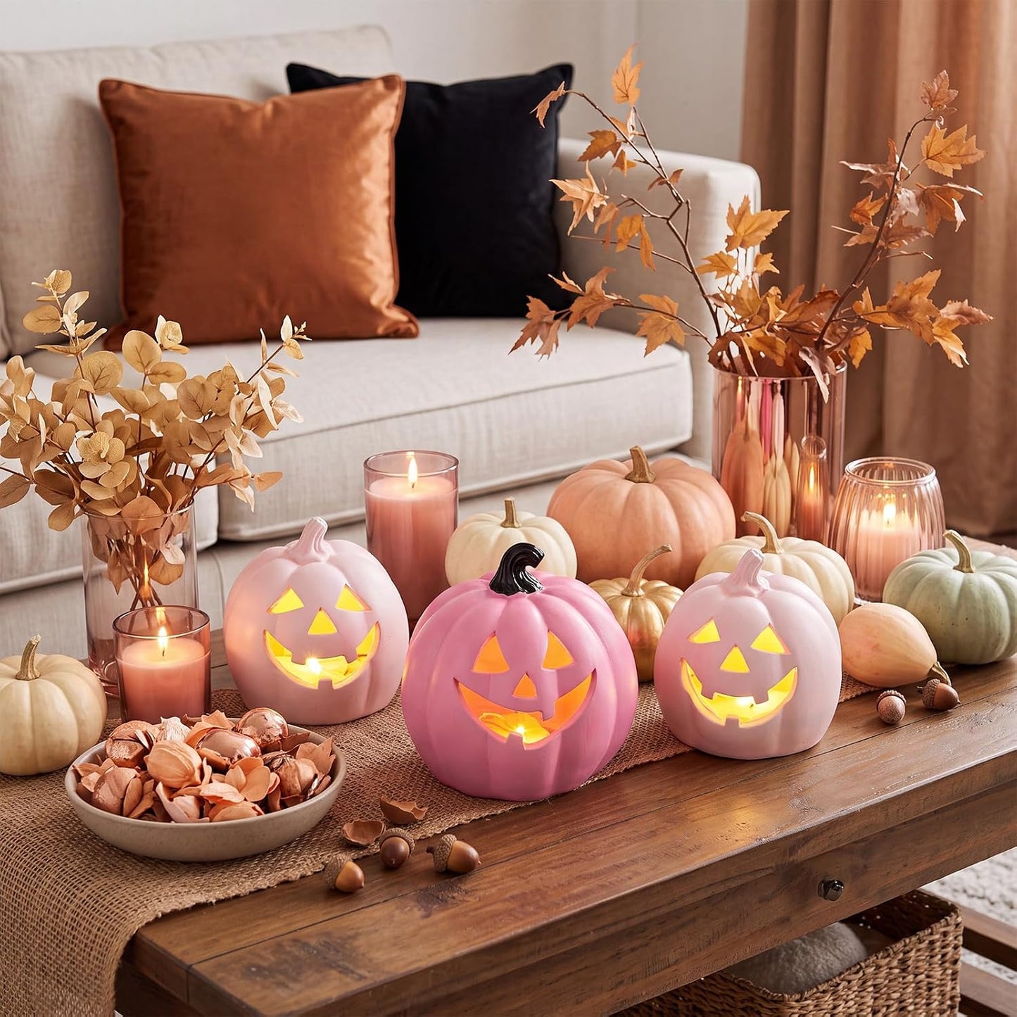 3 Pcs Pink Light up Halloween Pumpkin Decor, Flocked Resin