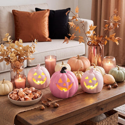3 Pcs Pink Light up Halloween Pumpkin Decor, Flocked Resin