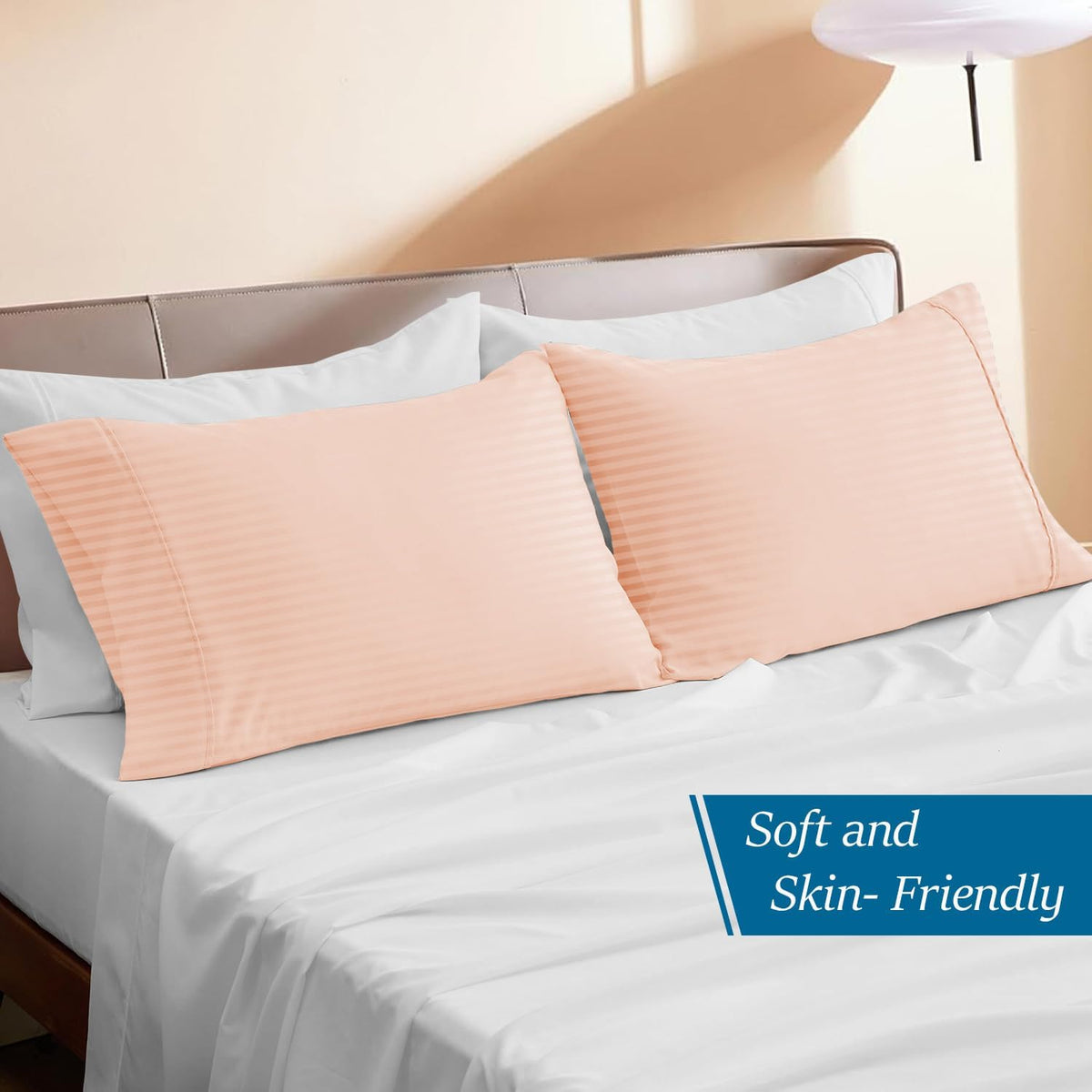1000 Series 100% Pure Cotton Standard (20x26) Pillowcases Set of 2 - Envelope Closure, (Stripe, Peach)