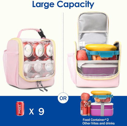 Kids Lunch Box, Insulated Lunch Bag for Kids, Toddler, Girl, and Boy; Holds Lunch Box, Water Bottle, & Snacks; Easy-Clean Water-Resistant Fabric & Multiple Zippered Pockets (Pink)