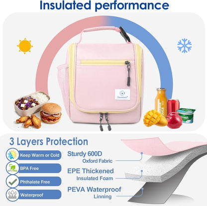 Kids Lunch Box, Insulated Lunch Bag for Kids, Toddler, Girl, and Boy; Holds Lunch Box, Water Bottle, & Snacks; Easy-Clean Water-Resistant Fabric & Multiple Zippered Pockets (Pink)