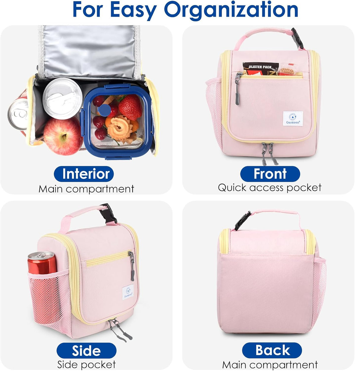 Kids Lunch Box, Insulated Lunch Bag for Kids, Toddler, Girl, and Boy; Holds Lunch Box, Water Bottle, & Snacks; Easy-Clean Water-Resistant Fabric & Multiple Zippered Pockets (Pink)