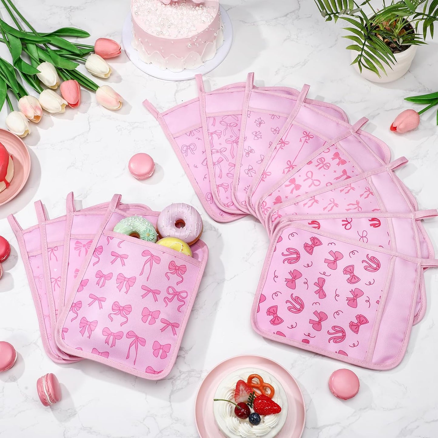 Layhit 12 Pcs Pink Bows Pot Holders with Pocket Coquette Kitchen Pot Holders for Kitchen Hot and Oven Heat Resistant Potholder Neighbor Gift Cookie Bag for Cooking Baking Home Gifting