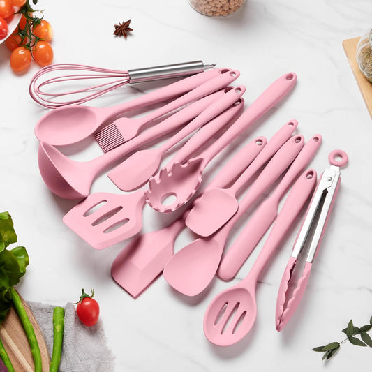 14 Pcs Silicone Cooking Utensils Set with Holder, Pink