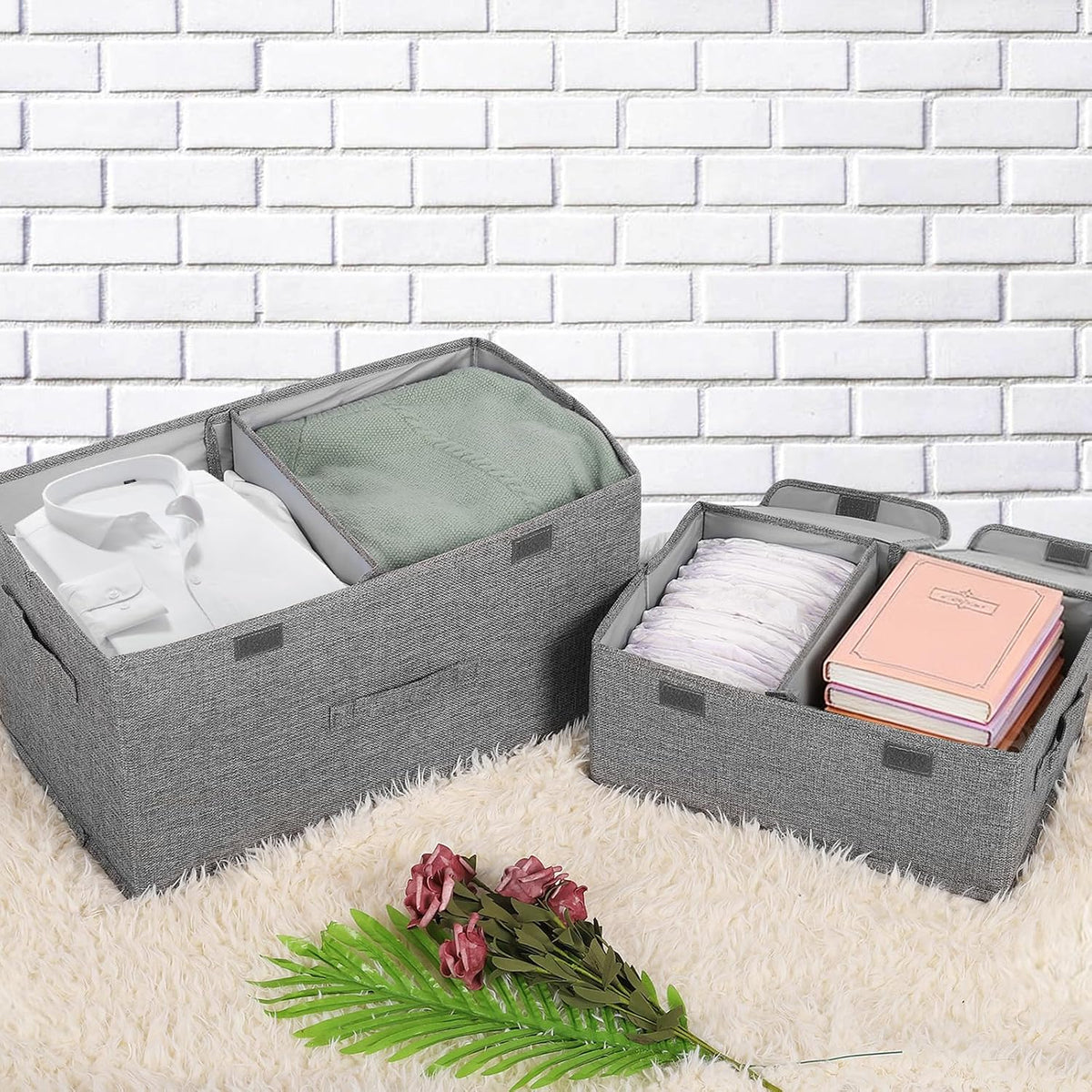 2 Pack Large Storage Boxes with Lids and Handles, Collapsible Linen Storage Bins Organizer Containers Baskets Cube with Removable Divider for Home Bedroom Closet Office (Pink, Small)