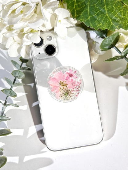 Petite Pressed Pink Flowers Phone Grip,Handmade Dried Flowers Clear Phone Stand, Expanding Cell Phone Charms Accessory, Interchangeable Kickstand, Collapsible Handle Grip Holder for Kindle