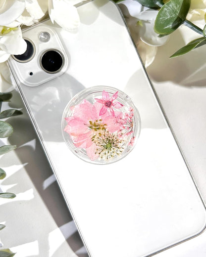 Petite Pressed Pink Flowers Phone Grip,Handmade Dried Flowers Clear Phone Stand, Expanding Cell Phone Charms Accessory, Interchangeable Kickstand, Collapsible Handle Grip Holder for Kindle