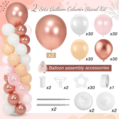 2 Sets 163 Pcs Pink Metallic Rose Gold Balloons Column Stand Kit