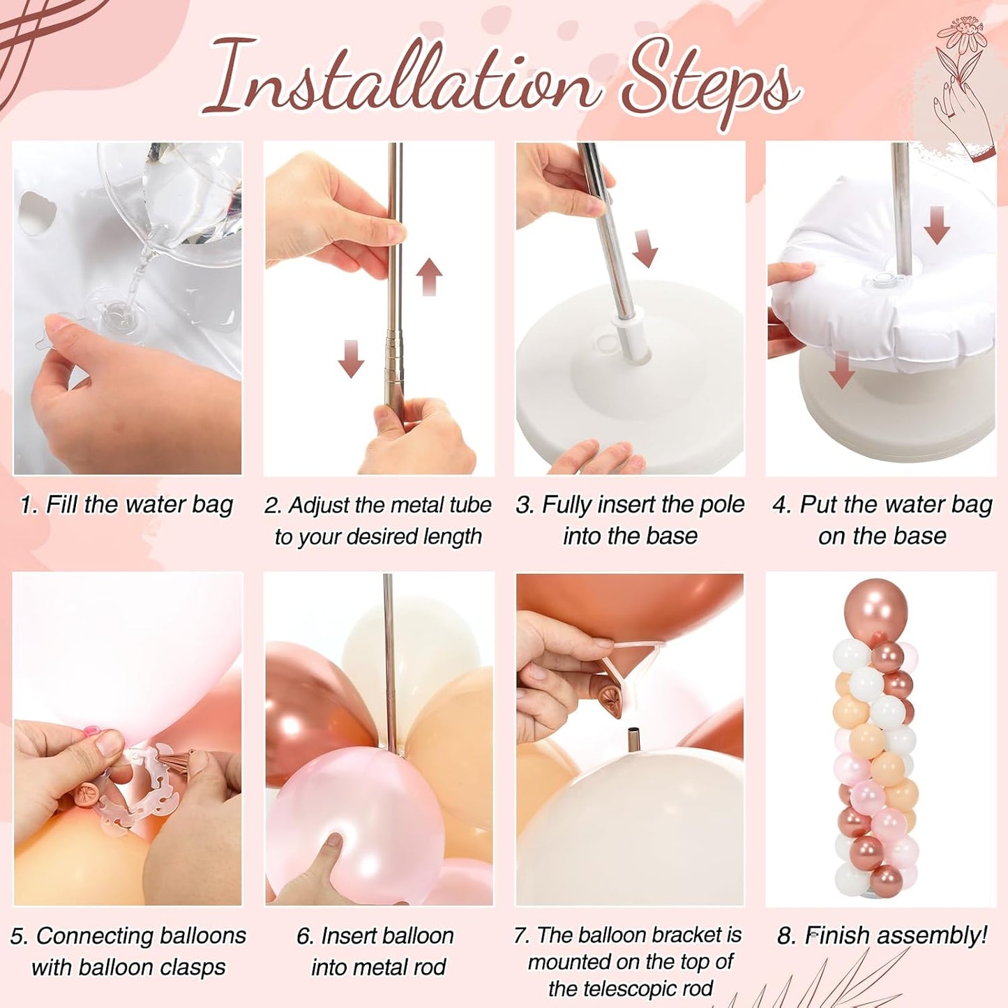 2 Sets 163 Pcs Pink Metallic Rose Gold Balloons Column Stand Kit