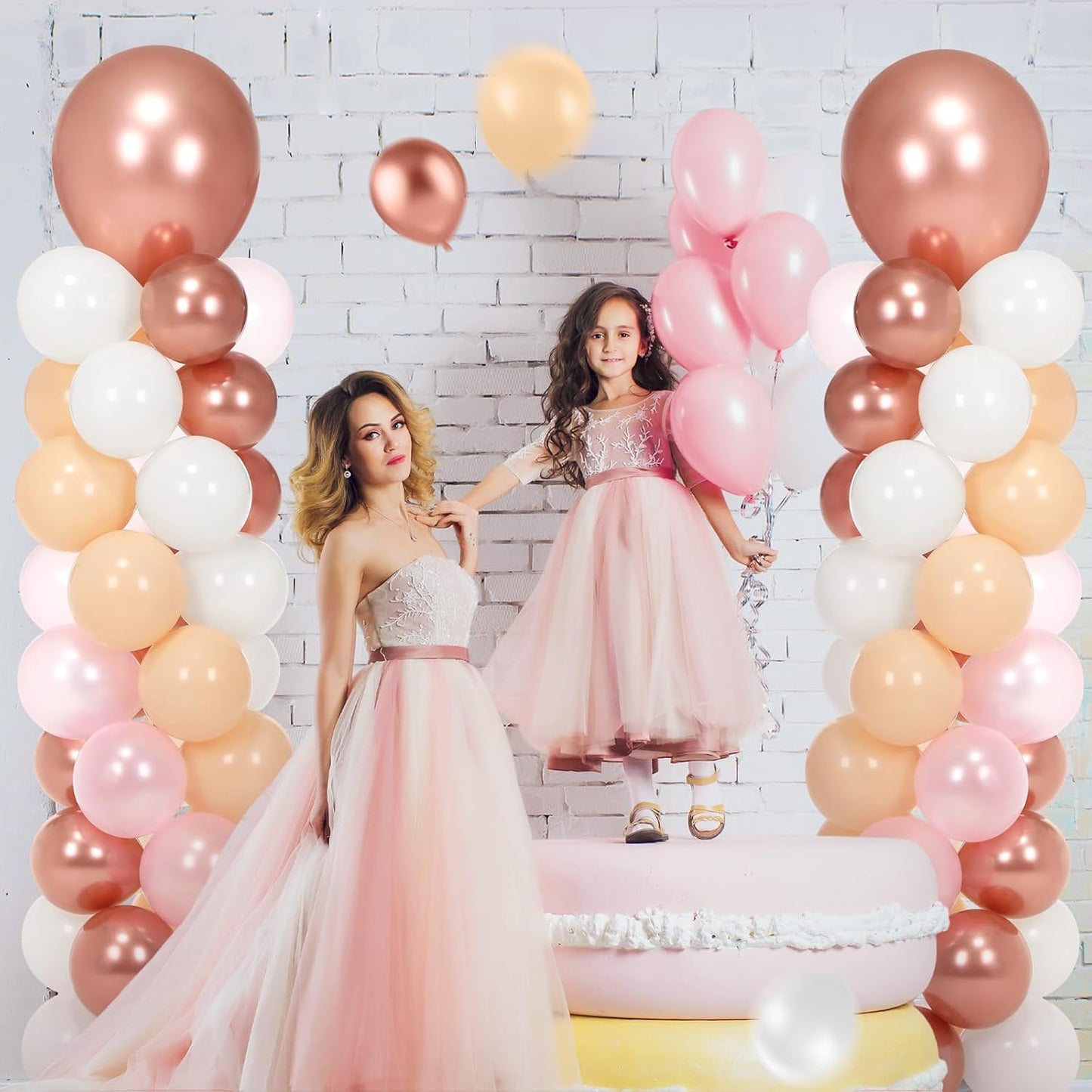 2 Sets 163 Pcs Pink Metallic Rose Gold Balloons Column Stand Kit