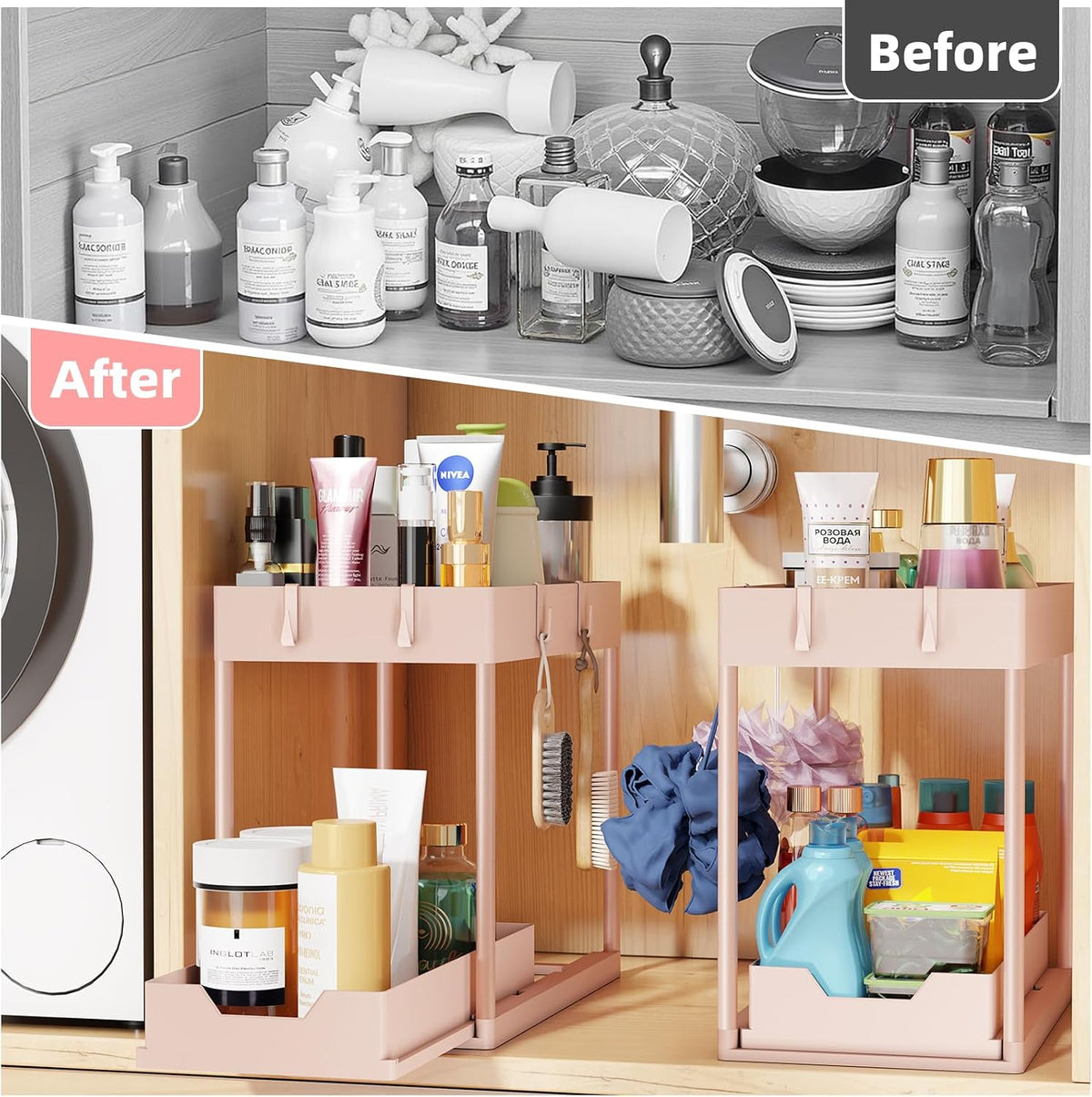 Under Sink Organizer 2 Pack, with Sliding Drawer, Pink