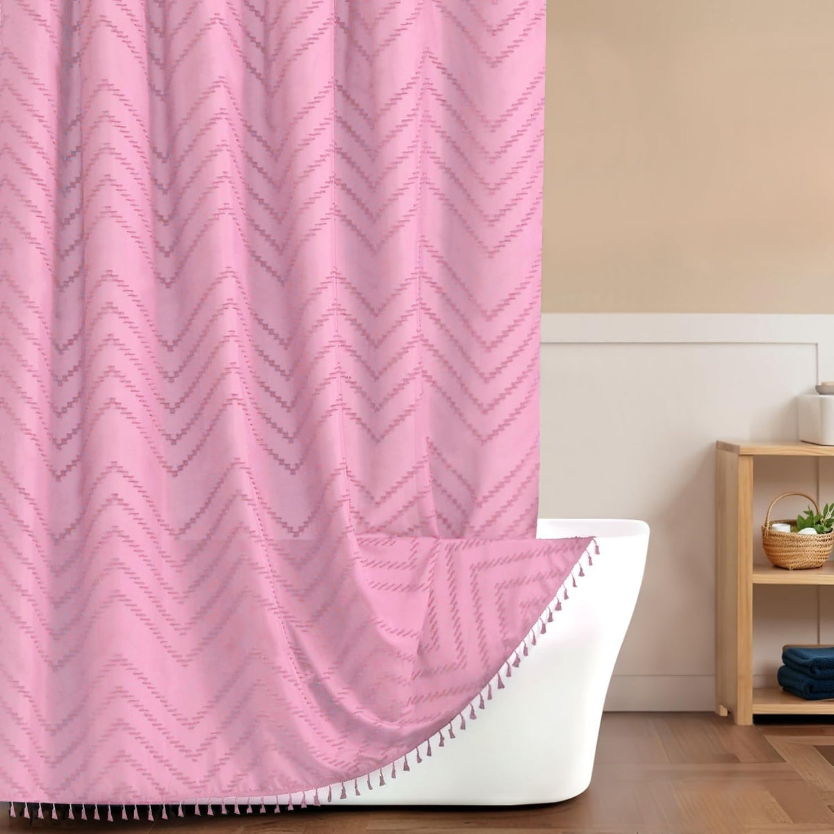 Inhousolu Boho Woven Fabric Shower Curtain, Tufted Textured Chevron Striped Tassel, Modern Farmhouse Minimalist Cloth, Water-Repellent Washable Bath Curtain for Bathroom Hotel 72" W x 78" L Pink