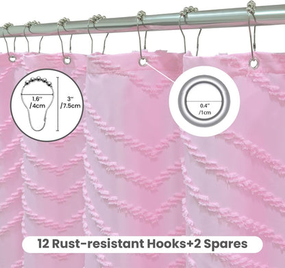Inhousolu Boho Woven Fabric Shower Curtain, Tufted Textured Chevron Striped Tassel, Modern Farmhouse Minimalist Cloth, Water-Repellent Washable Bath Curtain for Bathroom Hotel 72" W x 78" L Pink