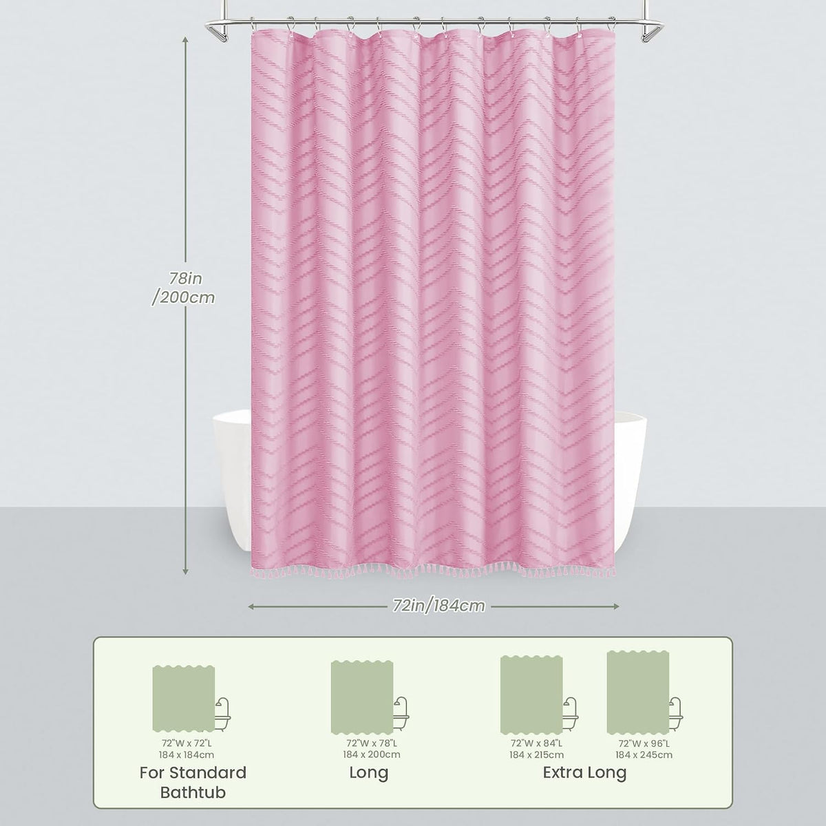 Inhousolu Boho Woven Fabric Shower Curtain, Tufted Textured Chevron Striped Tassel, Modern Farmhouse Minimalist Cloth, Water-Repellent Washable Bath Curtain for Bathroom Hotel 72" W x 78" L Pink