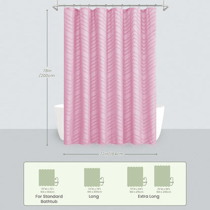 Inhousolu Boho Woven Fabric Shower Curtain, Tufted Textured Chevron Striped Tassel, Modern Farmhouse Minimalist Cloth, Water-Repellent Washable Bath Curtain for Bathroom Hotel 72" W x 78" L Pink