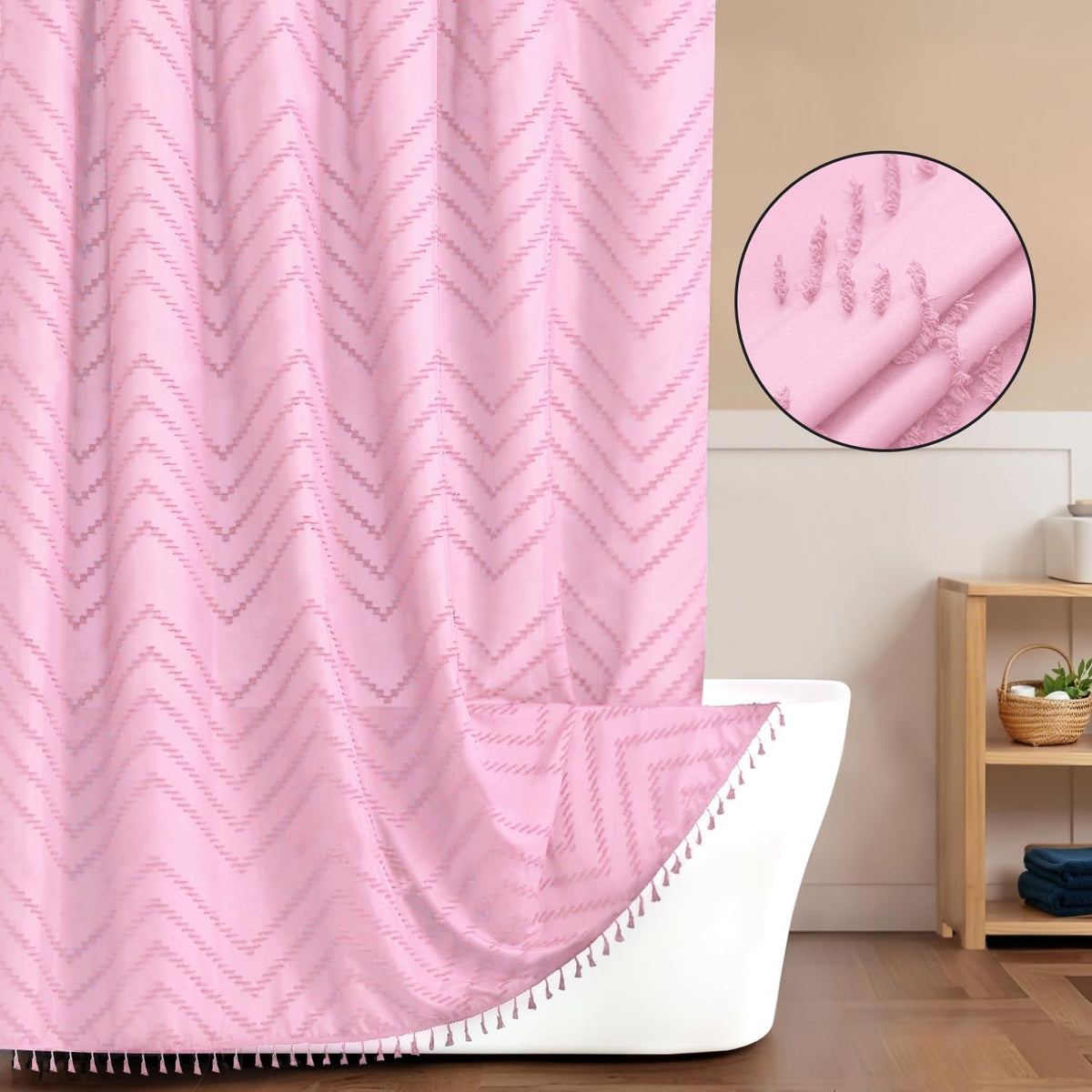 Inhousolu Boho Woven Fabric Shower Curtain, Tufted Textured Chevron Striped Tassel, Modern Farmhouse Minimalist Cloth, Water-Repellent Washable Bath Curtain for Bathroom Hotel 72" W x 78" L Pink