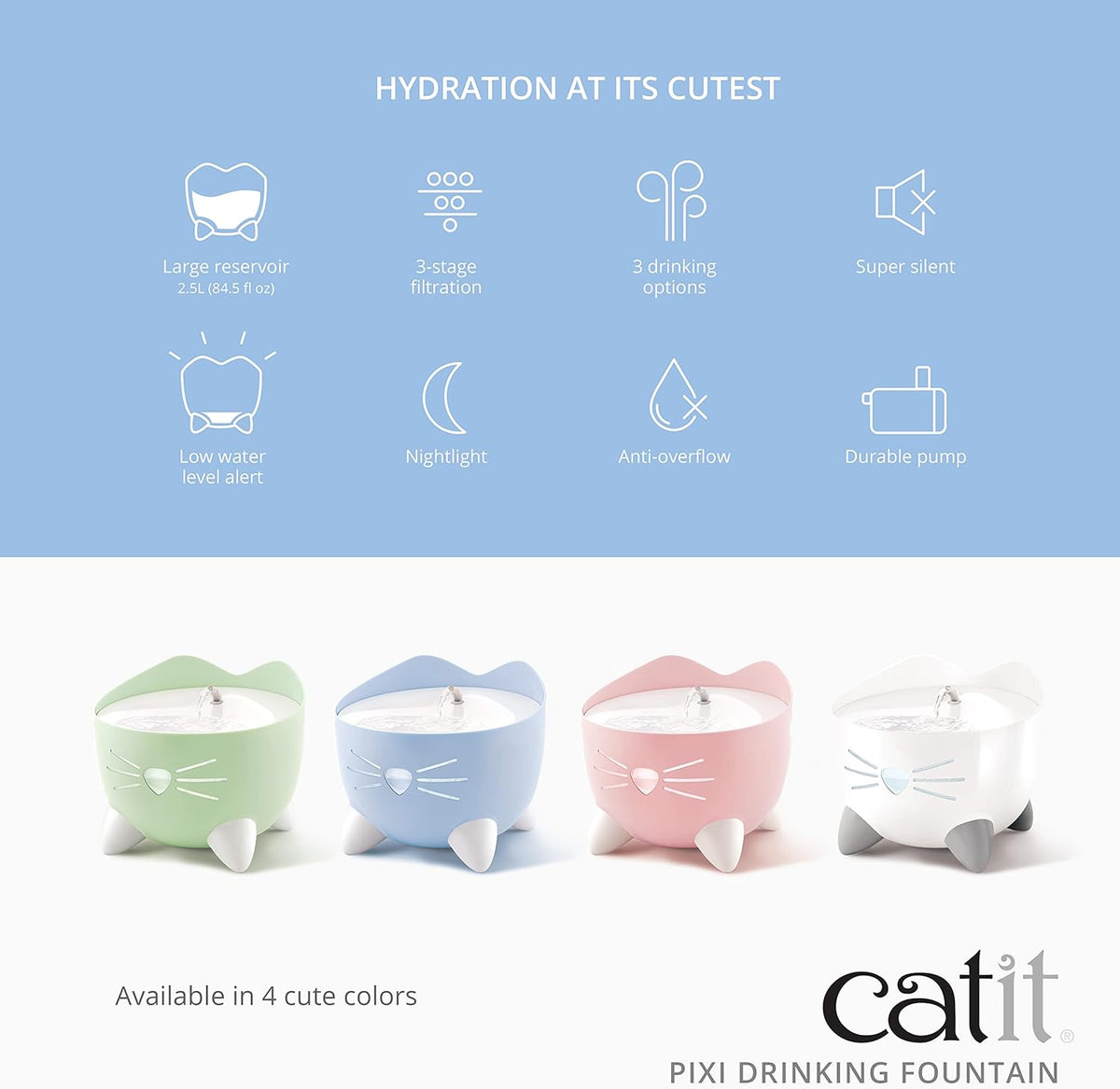 PIXI Cat Drinking Fountain, Running Water Fountain, Pink