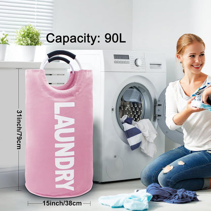 Large Collapsible Laundry Basket, Tall Laundry Hamper Bag, 90L Pink