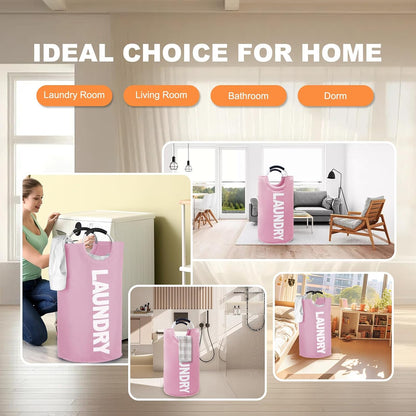 Large Collapsible Laundry Basket, Tall Laundry Hamper Bag, 90L Pink