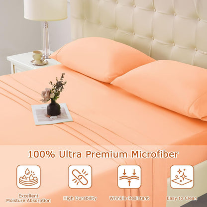 Queen Size Bed Sheet Set - 4 Piece Soft Microfiber Sheets with Deep Pockets, Cooling Technology, and Wrinkle-Free Pillowcase. Hotel-Quality, Durable Bedding, Peach Fuzz