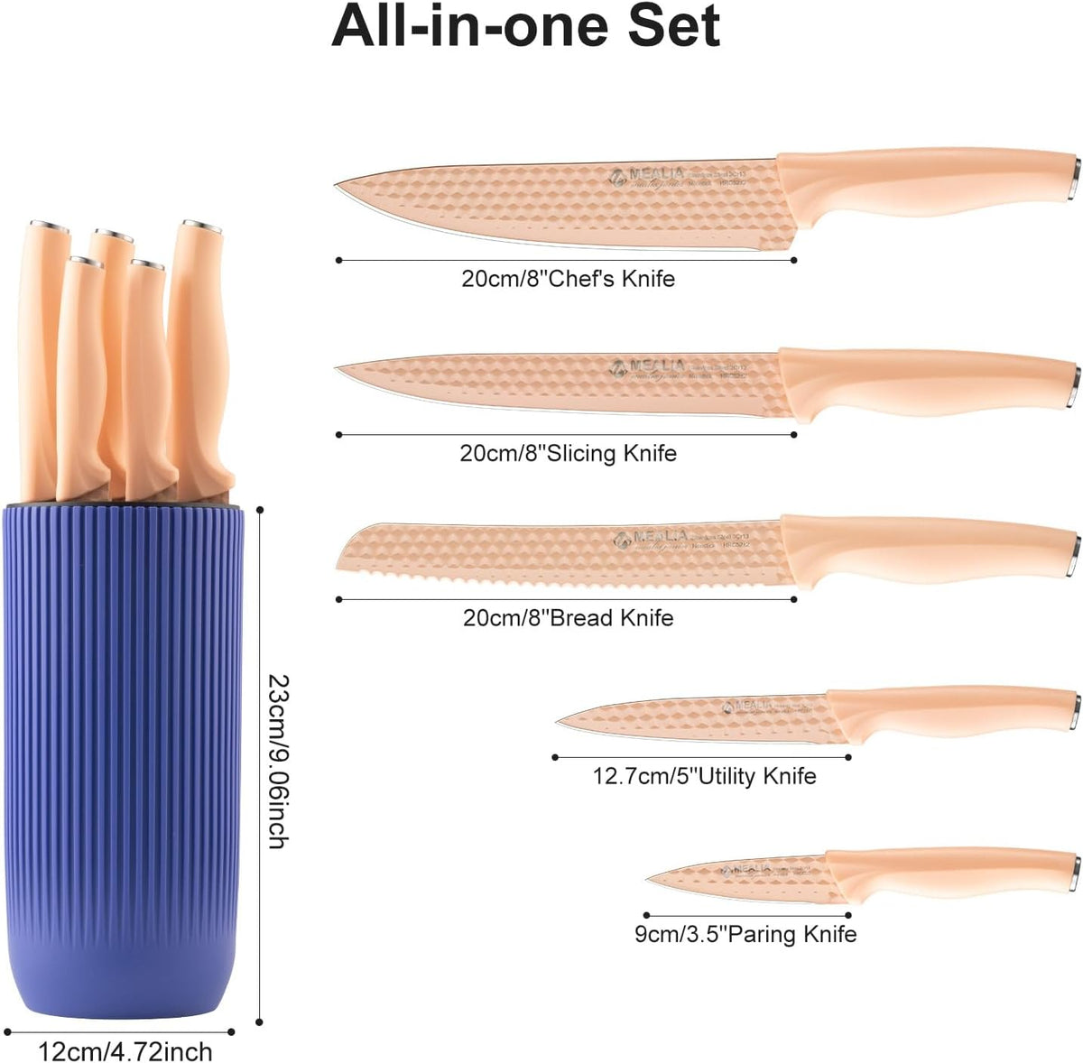 Kitchen Knife Set with Block, 6-Piece Non-stick Stainless Steel Sharp Knives Set for Precision Cutting with Universal Knife Block for Kitchen, Ergonomic Design & Dishwasher Safe, Pink