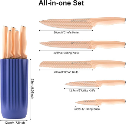 Kitchen Knife Set with Block, 6-Piece Non-stick Stainless Steel Sharp Knives Set for Precision Cutting with Universal Knife Block for Kitchen, Ergonomic Design & Dishwasher Safe, Pink