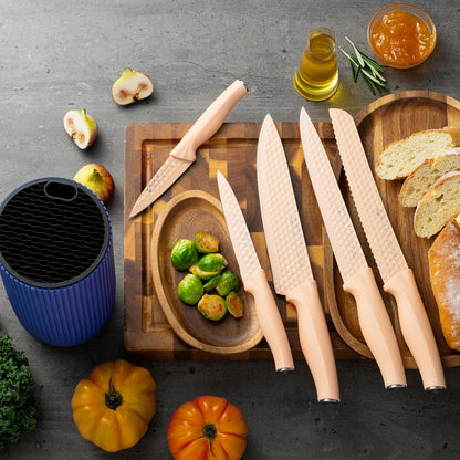 Kitchen Knife Set with Block, 6-Piece Non-stick Stainless Steel Sharp Knives Set for Precision Cutting with Universal Knife Block for Kitchen, Ergonomic Design & Dishwasher Safe, Pink