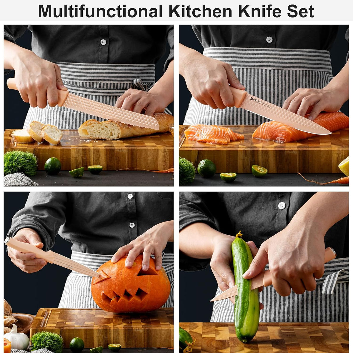 Kitchen Knife Set with Block, 6-Piece Non-stick Stainless Steel Sharp Knives Set for Precision Cutting with Universal Knife Block for Kitchen, Ergonomic Design & Dishwasher Safe, Pink