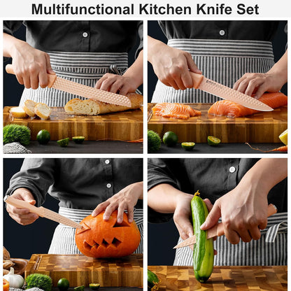 Kitchen Knife Set with Block, 6-Piece Non-stick Stainless Steel Sharp Knives Set for Precision Cutting with Universal Knife Block for Kitchen, Ergonomic Design & Dishwasher Safe, Pink