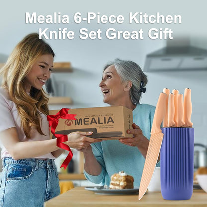 Kitchen Knife Set with Block, 6-Piece Non-stick Stainless Steel Sharp Knives Set for Precision Cutting with Universal Knife Block for Kitchen, Ergonomic Design & Dishwasher Safe, Pink