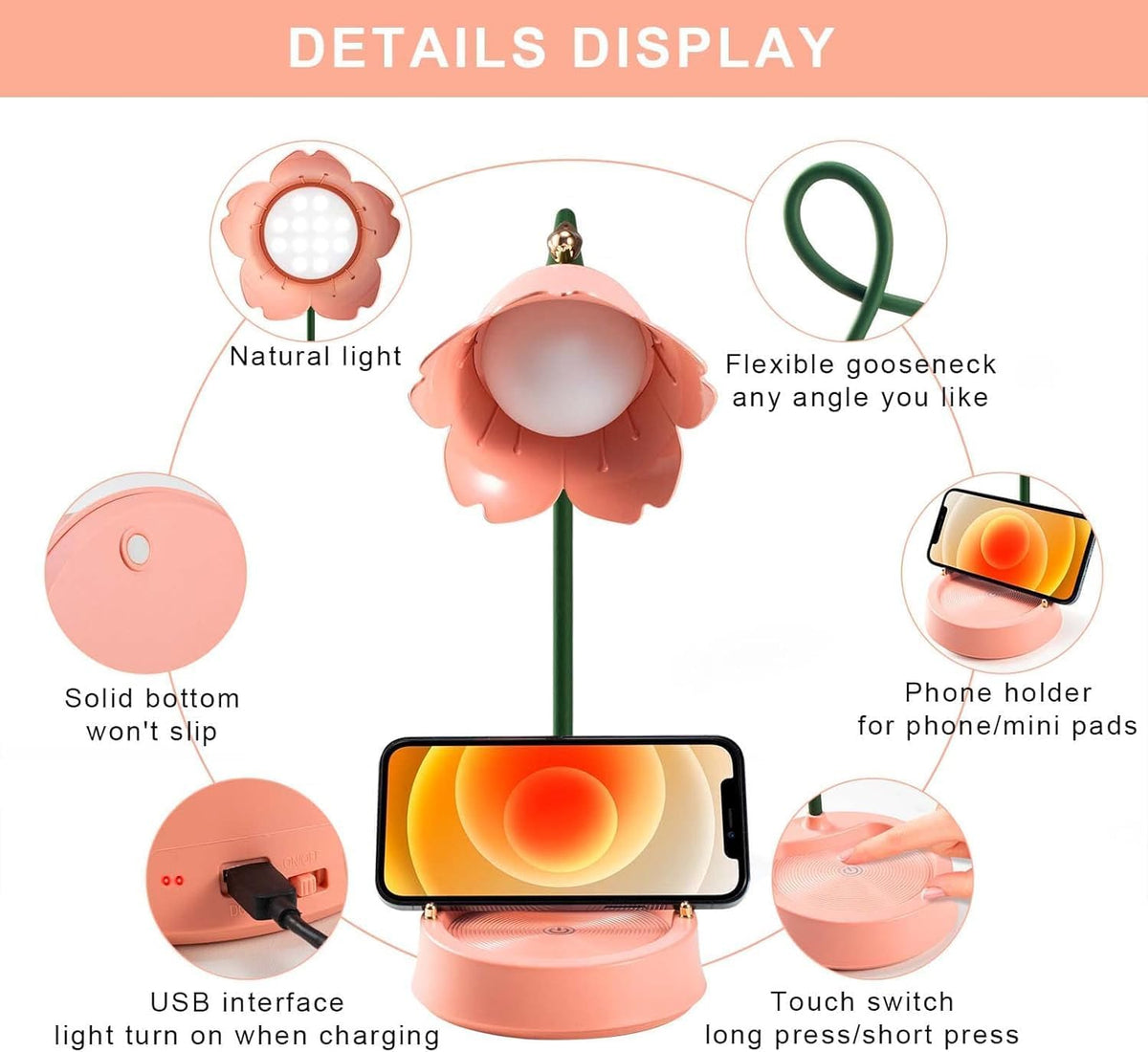 Desk Lamp for Kid, Dimmable LED Table Lamp with 3 Colour Temperatures, Rechargeable Desk Lamp with Touch Sensor and Flexible Arm, USB Bedside Lamp for Reading, Learning, Working (Pink)