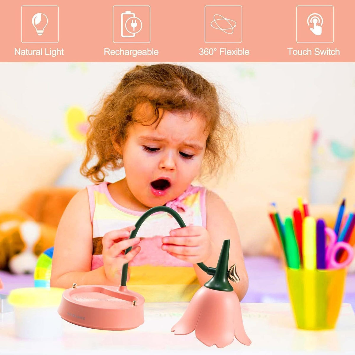 Desk Lamp for Kid, Dimmable LED Table Lamp with 3 Colour Temperatures, Rechargeable Desk Lamp with Touch Sensor and Flexible Arm, USB Bedside Lamp for Reading, Learning, Working (Pink)