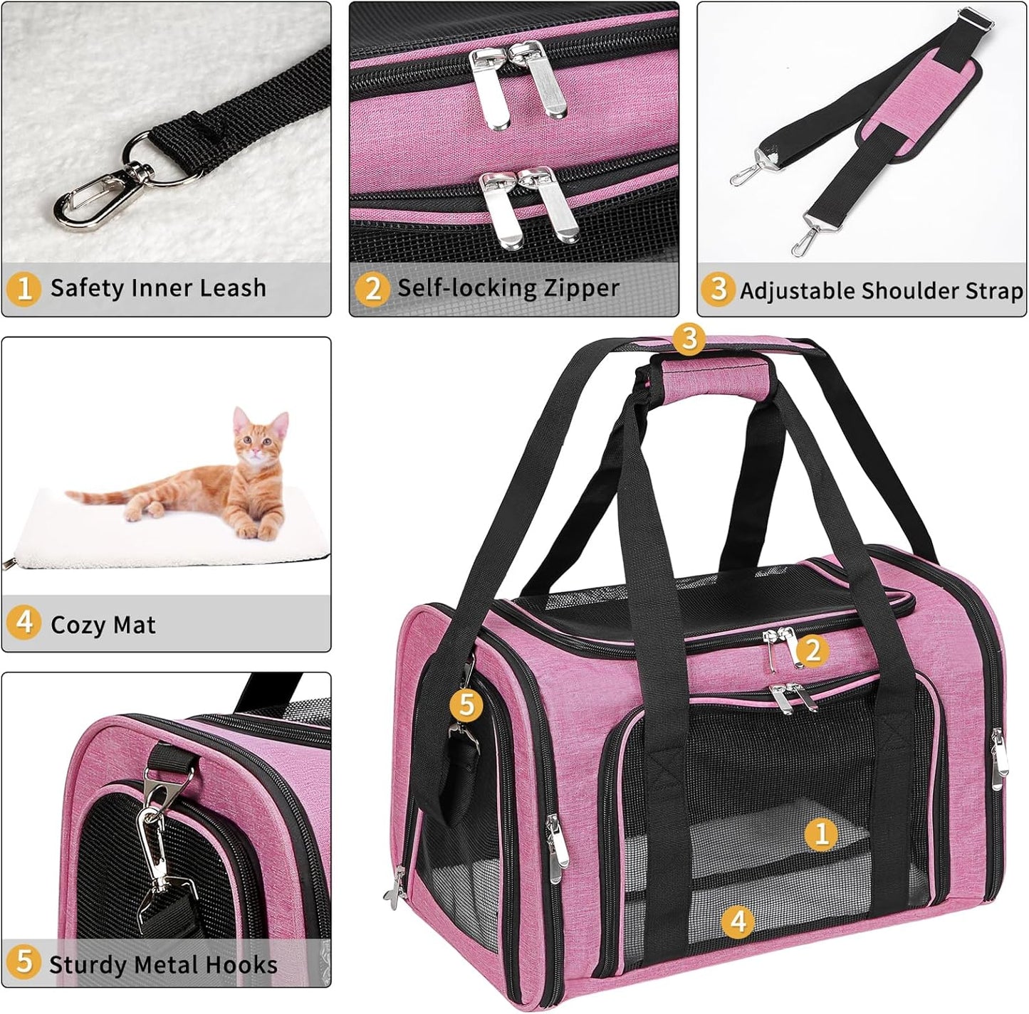 Soft-Sided Cat/Dog/Pet Carrier, Collapsible Pets Travel Carriers for Big Cats/Small Dogs with Shoulder Strap & Removable Mat, Mesh Puppy Carry Bag, Up to 16 Lbs, TSA Airline Approved (Pink)