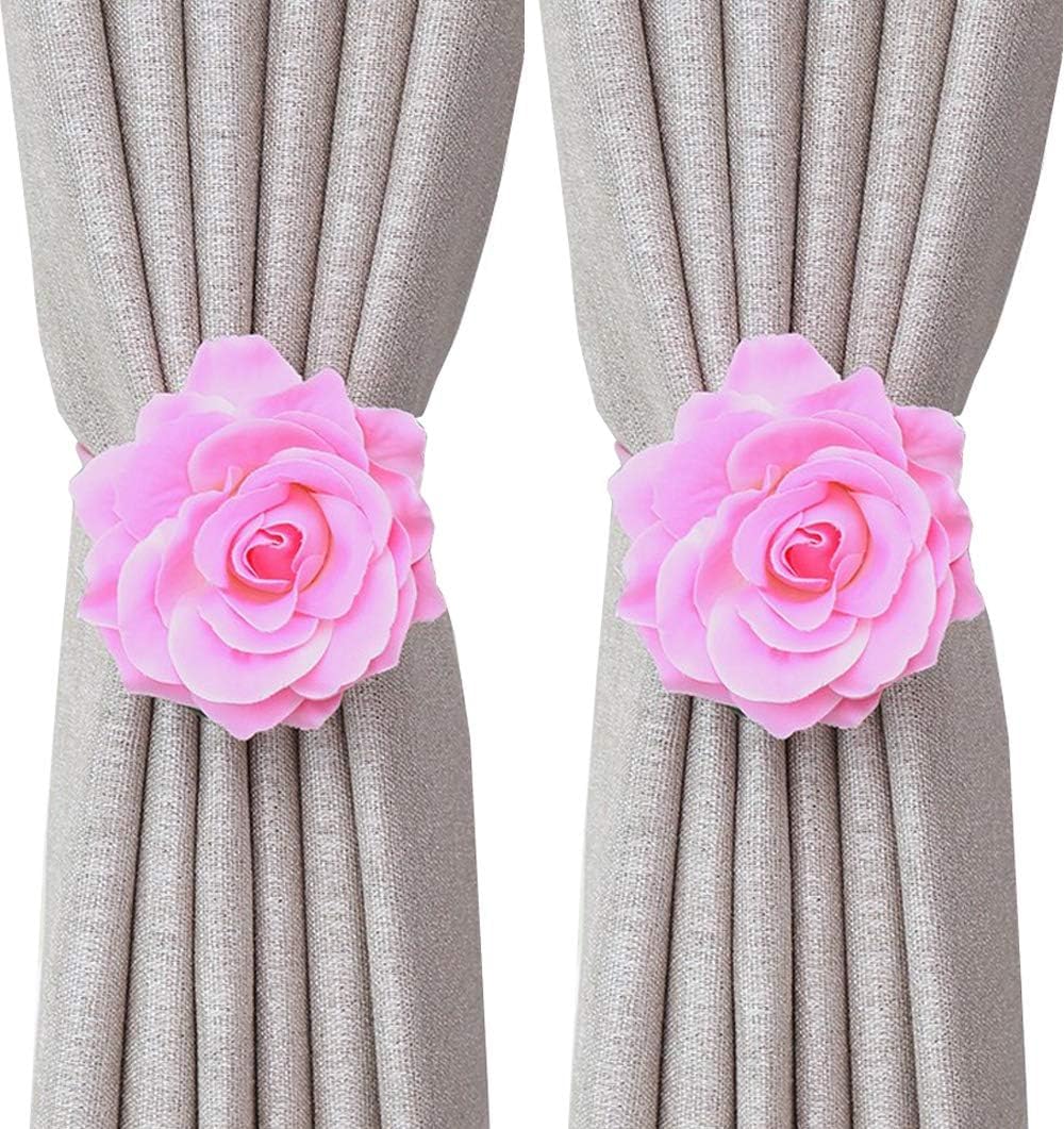 Curtain Tiebacks， Rose Magnetic Curtain Holders，Elegant 2 Pack Decorative Rope Holdback Holder, Home Decor Thin or Sheer Window Drapries Bed Canopy (Pink)