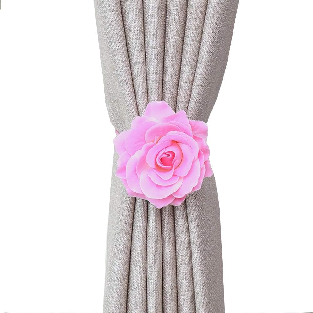 Curtain Tiebacks， Rose Magnetic Curtain Holders，Elegant 2 Pack Decorative Rope Holdback Holder, Home Decor Thin or Sheer Window Drapries Bed Canopy (Pink)