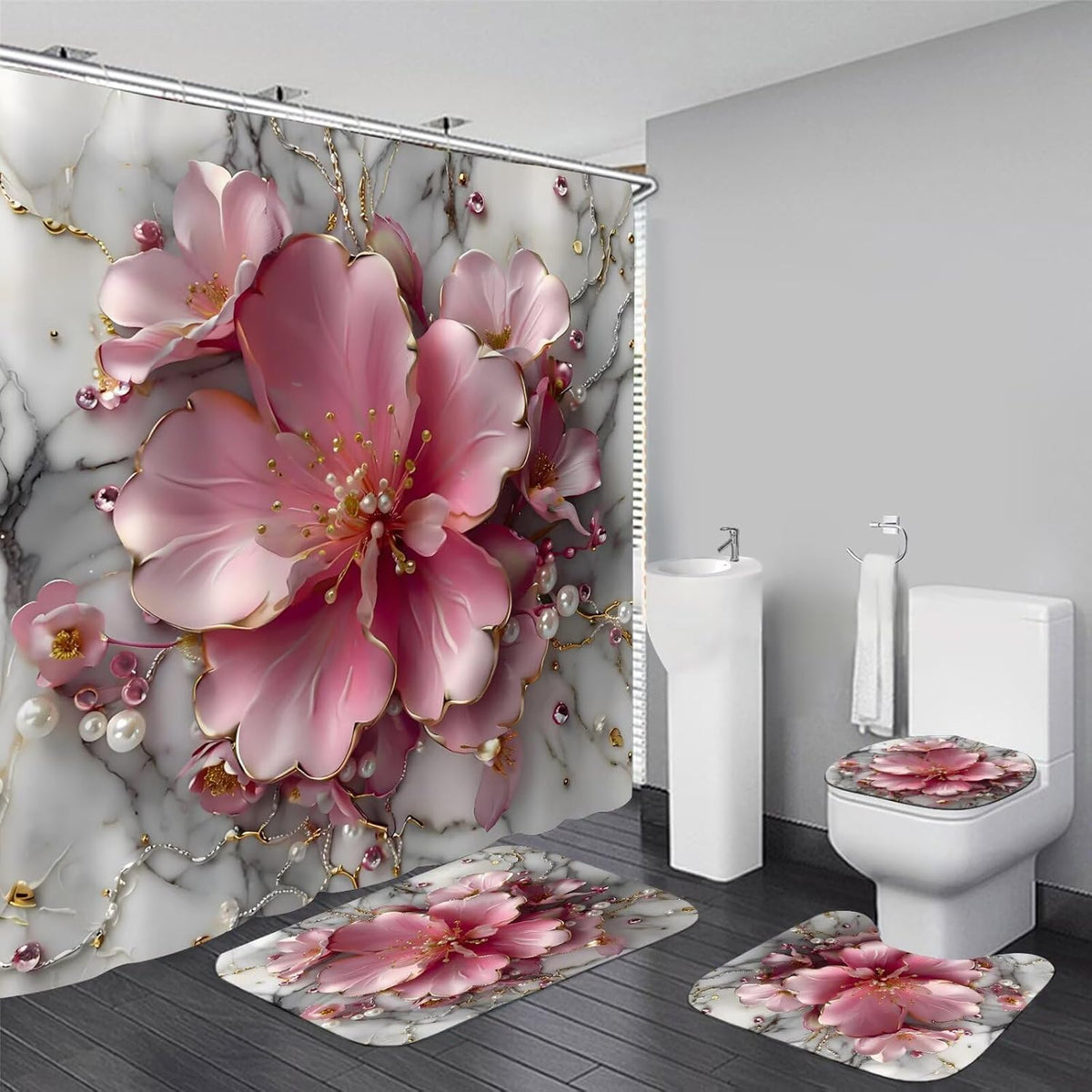 4pcs Pink Marble Floral Bathroom Shower Curtain Set with Rugs