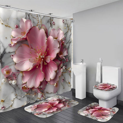 4pcs Pink Marble Floral Bathroom Shower Curtain Set with Rugs
