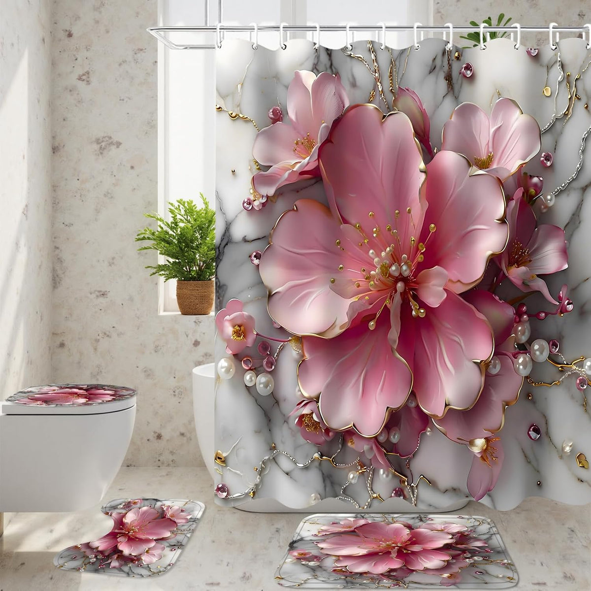 4pcs Pink Marble Floral Bathroom Shower Curtain Set with Rugs
