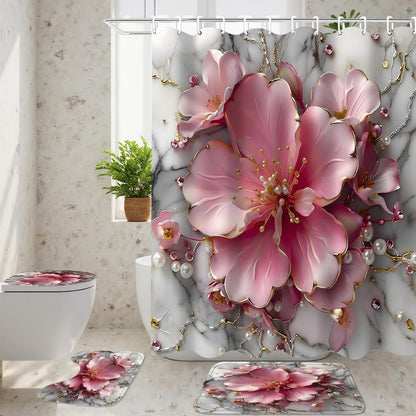 4pcs Pink Marble Floral Bathroom Shower Curtain Set with Rugs
