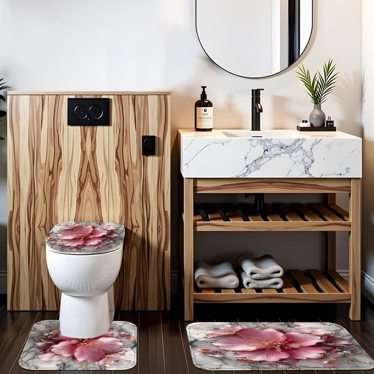4pcs Pink Marble Floral Bathroom Shower Curtain Set with Rugs