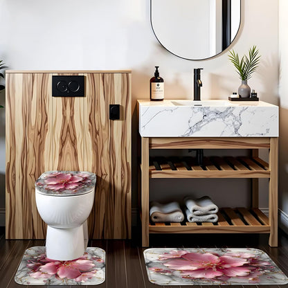 4pcs Pink Marble Floral Bathroom Shower Curtain Set with Rugs