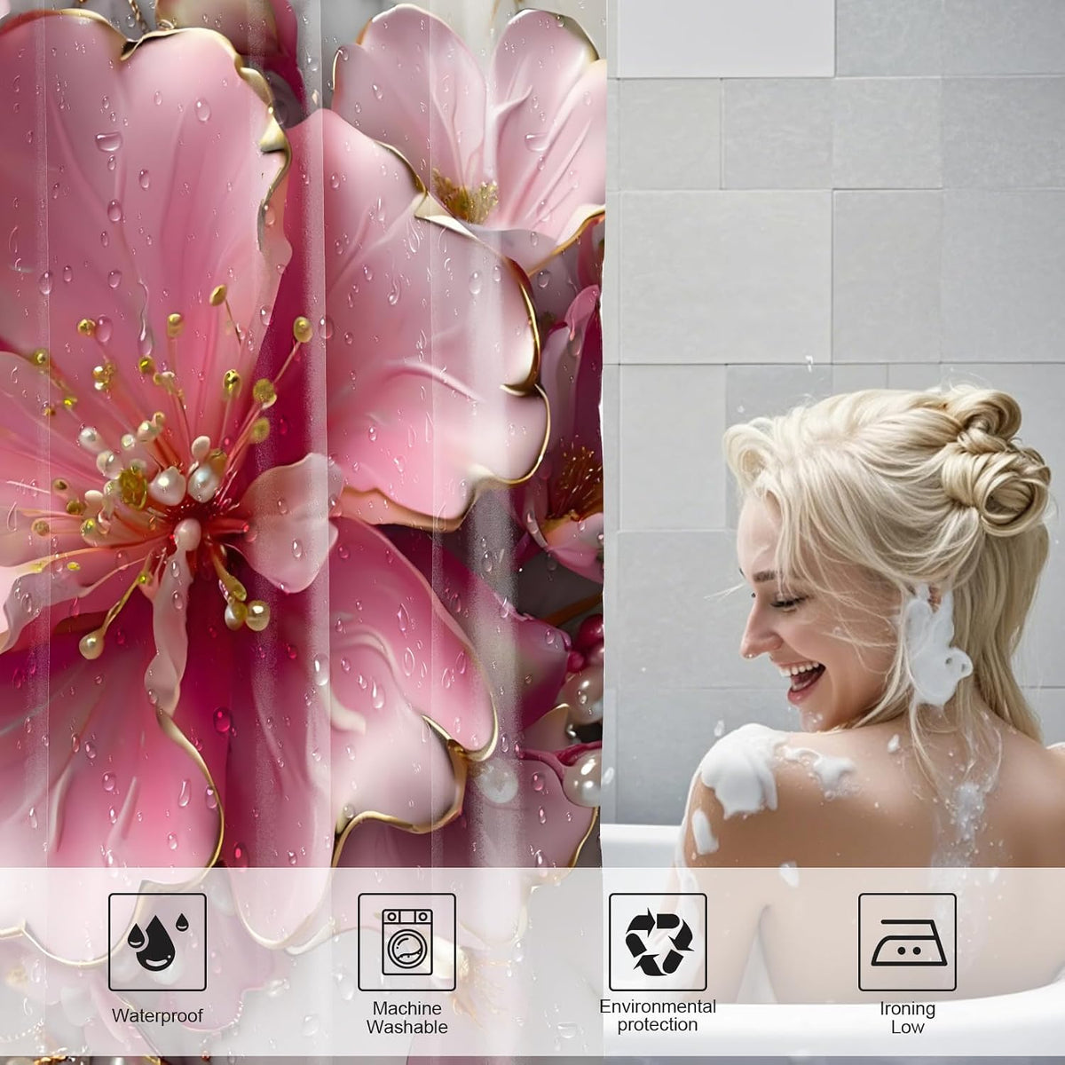 4pcs Pink Marble Floral Bathroom Shower Curtain Set with Rugs