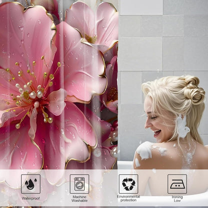 4pcs Pink Marble Floral Bathroom Shower Curtain Set with Rugs