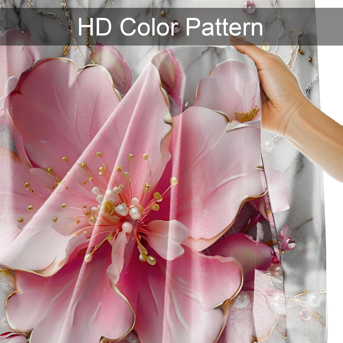4pcs Pink Marble Floral Bathroom Shower Curtain Set with Rugs