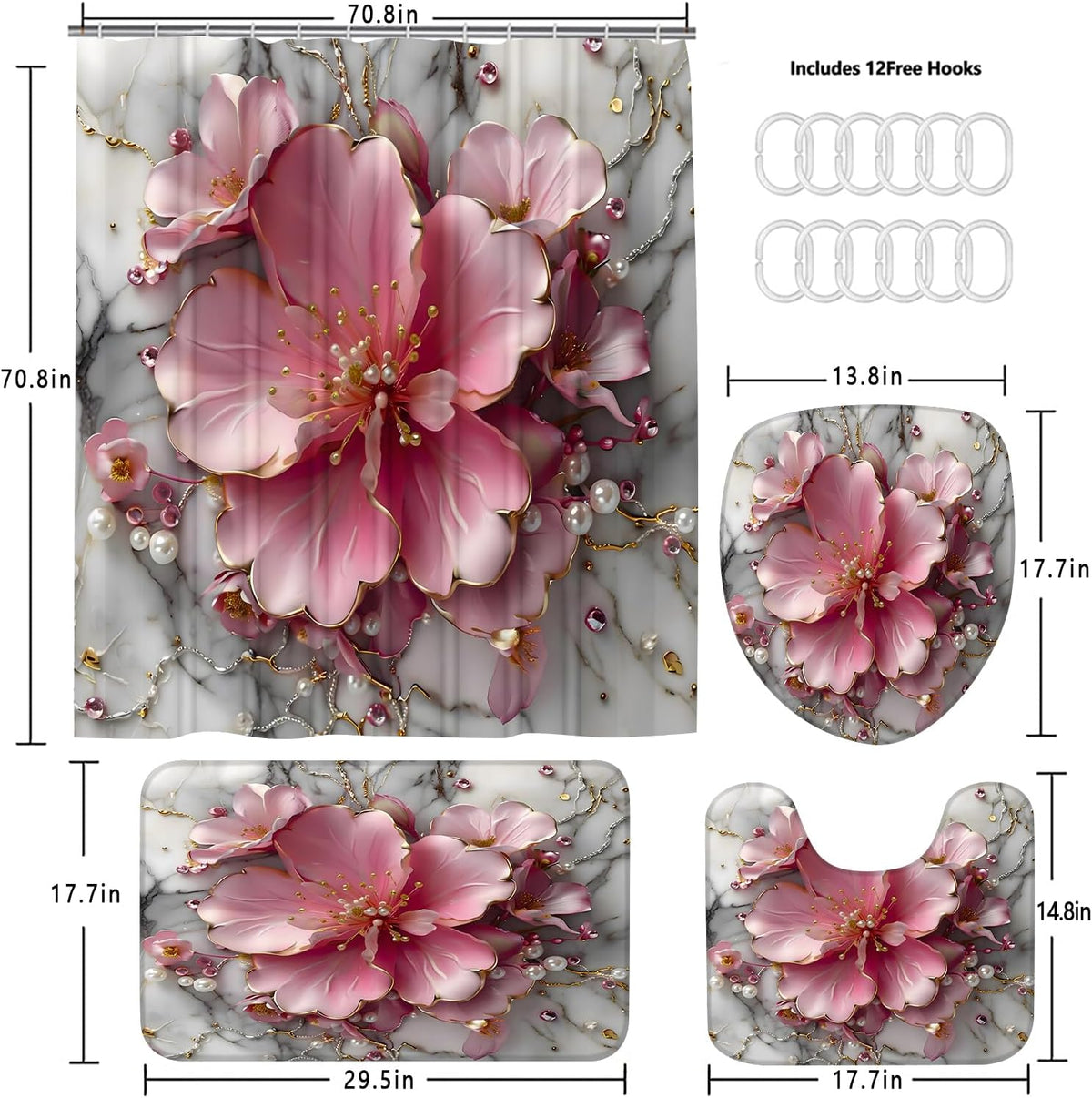 4pcs Pink Marble Floral Bathroom Shower Curtain Set with Rugs