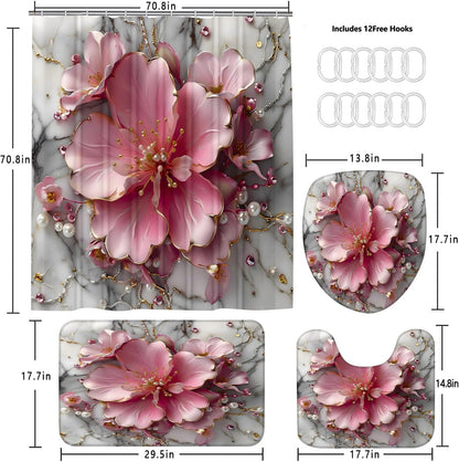 4pcs Pink Marble Floral Bathroom Shower Curtain Set with Rugs