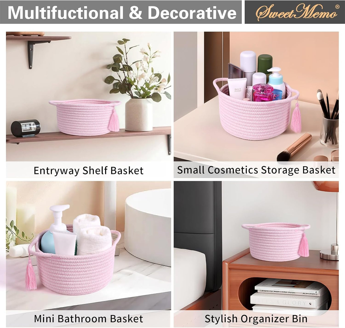 Small Cute Pink Gift Basket Empty to Fill — Mini Wicker Woven Cotton Rope Organizer 8"×4.7", Pastel Decorative Makeup Holder for Girls & Women, Bathroom, valentines/Desk Bin, Shower Gift by SweetMemo